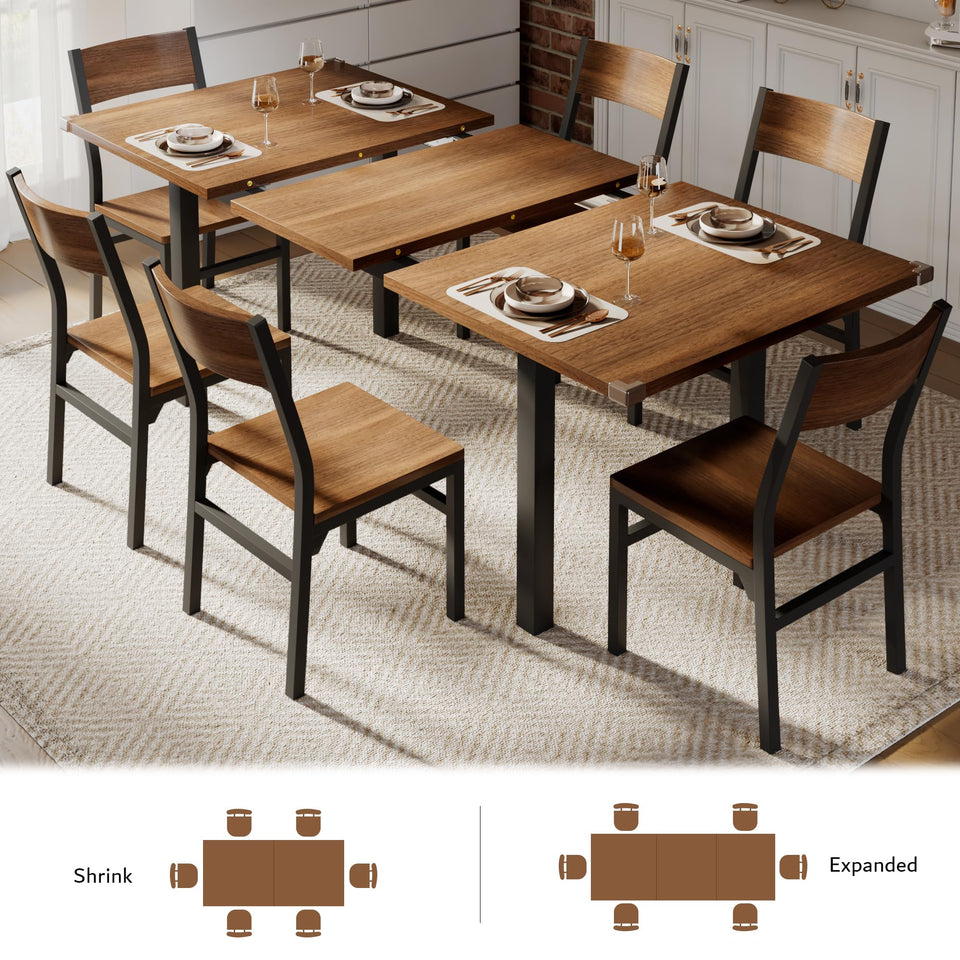 iPormis 7-Piece Dining Table Set with 6 Chairs, 63" Extendable Kitchen Table & Chairs Set for 4-6, Dining RoomTable with Solid Metal Frame & MDF Board, Perfect for Small Space, Easy Assembly, Walnut