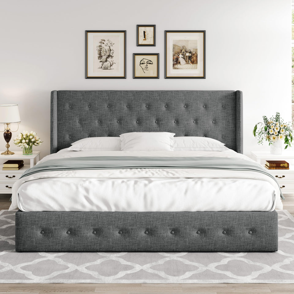 Allewie King Size Lift Up Storage Bed, Modern Wingback Headboard, Hydraulic Support, No Box Spring Needed, Light Beige