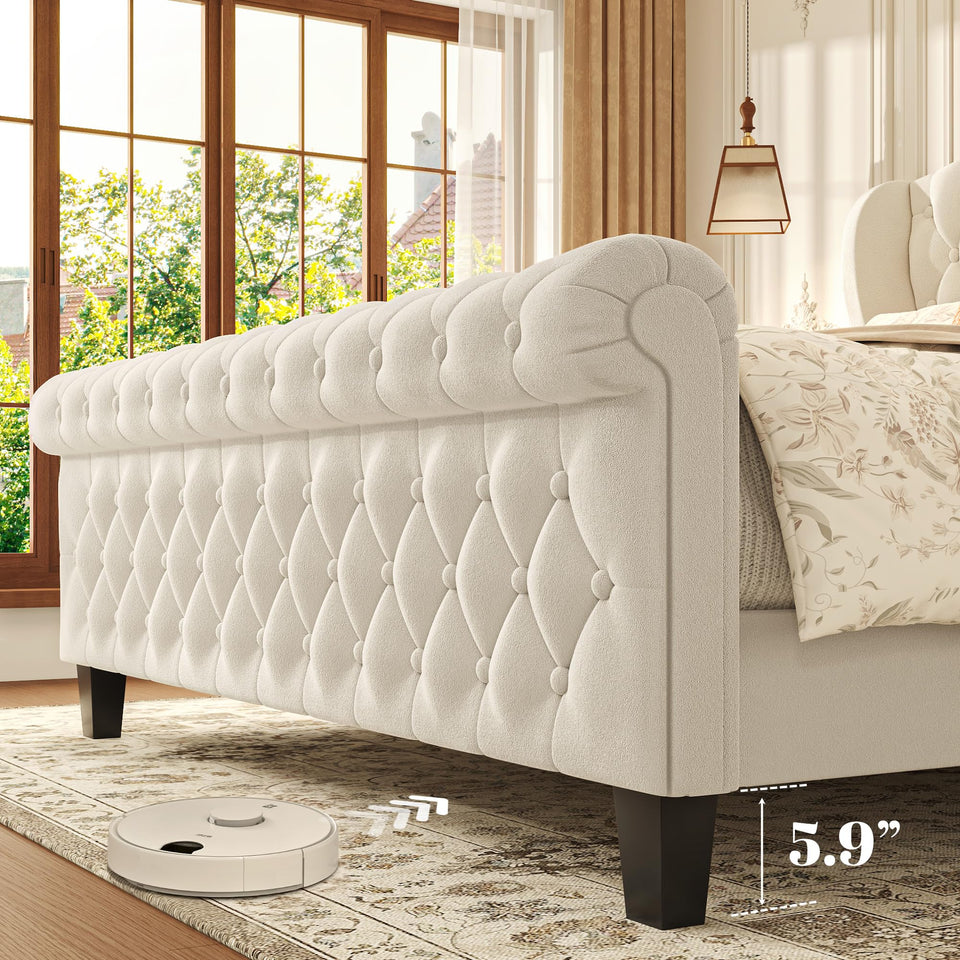 HISOFT Queen Bed Frame, 39" Tall Velvet Upholstered Sleigh Bed with Wingback Headboard & Scroll Footboard, No Box Spring Needed, Sturdy Support, Easy Assembly, Noise Free, Button Tufted, White