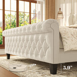 HISOFT Queen Bed Frame, 39" Tall Velvet Upholstered Sleigh Bed with Wingback Headboard & Scroll Footboard, No Box Spring Needed, Sturdy Support, Easy Assembly, Noise Free, Button Tufted, White