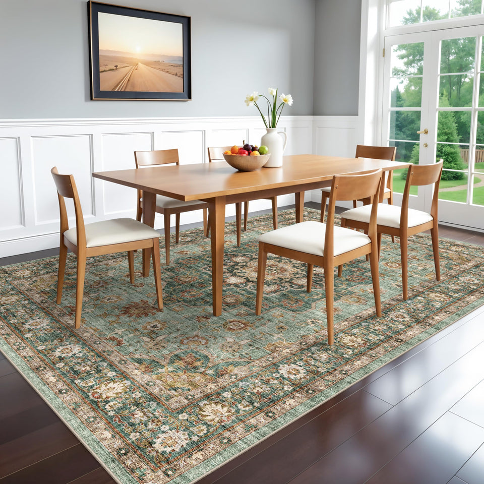 TOPRUUG Washable Oriental Area Rug - 12x15 Rugs for Living Room Soft Carpet for Bedroom Waterproof Floral Distressed Indoor Stain Resistant Non-Shedding Floor Carpets (Green, 12x15)