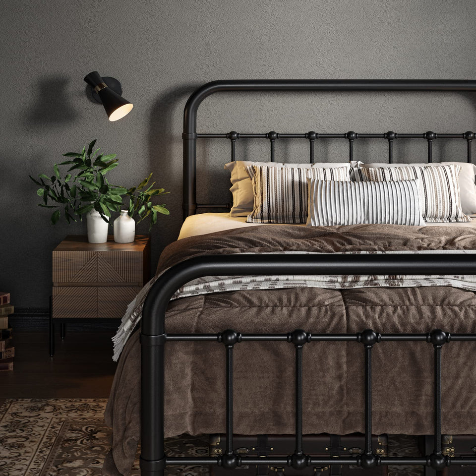 Allewie King Size Metal Platform Bed Frame with Victorian Style Wrought Iron-Art Headboard/Footboard, No Box Spring Required, Black