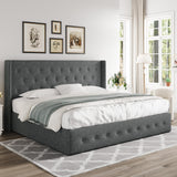 Allewie King Size Lift Up Storage Bed, Modern Wingback Headboard, Hydraulic Support, No Box Spring Needed, Light Beige