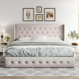 Allewie King Size Lift Up Storage Bed, Modern Wingback Headboard, Hydraulic Support, No Box Spring Needed, Light Beige