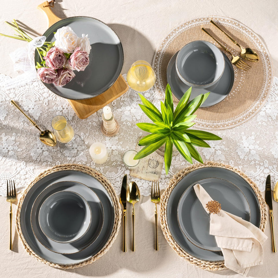 AmorArc Ceramic Dinnerware Sets for 8, 24 Pieces Handpainted Plates and Bowls Set with Rustic Terracotta Underside, Scratch Resistant Stoneware Dishes Set, Dishwasher & Microwave Safe, Light Beige