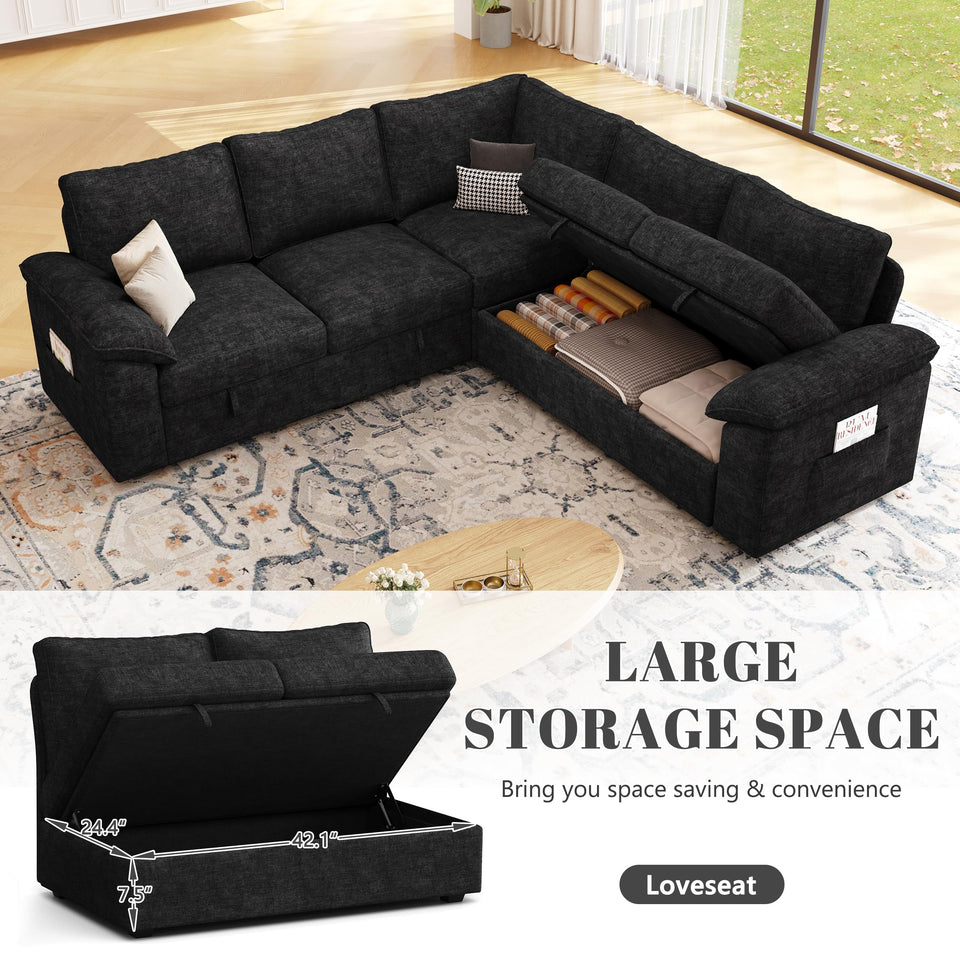 SUAWY 108 Inch Sectional Sleeper Sofa with Pull Out Bed,U Shaped 7 Seat Modular Sectional Sofa with Storage,Sectional Couches for Living Room,Cloud Modular Couch,Removable Sofa Cover,Dark Grey