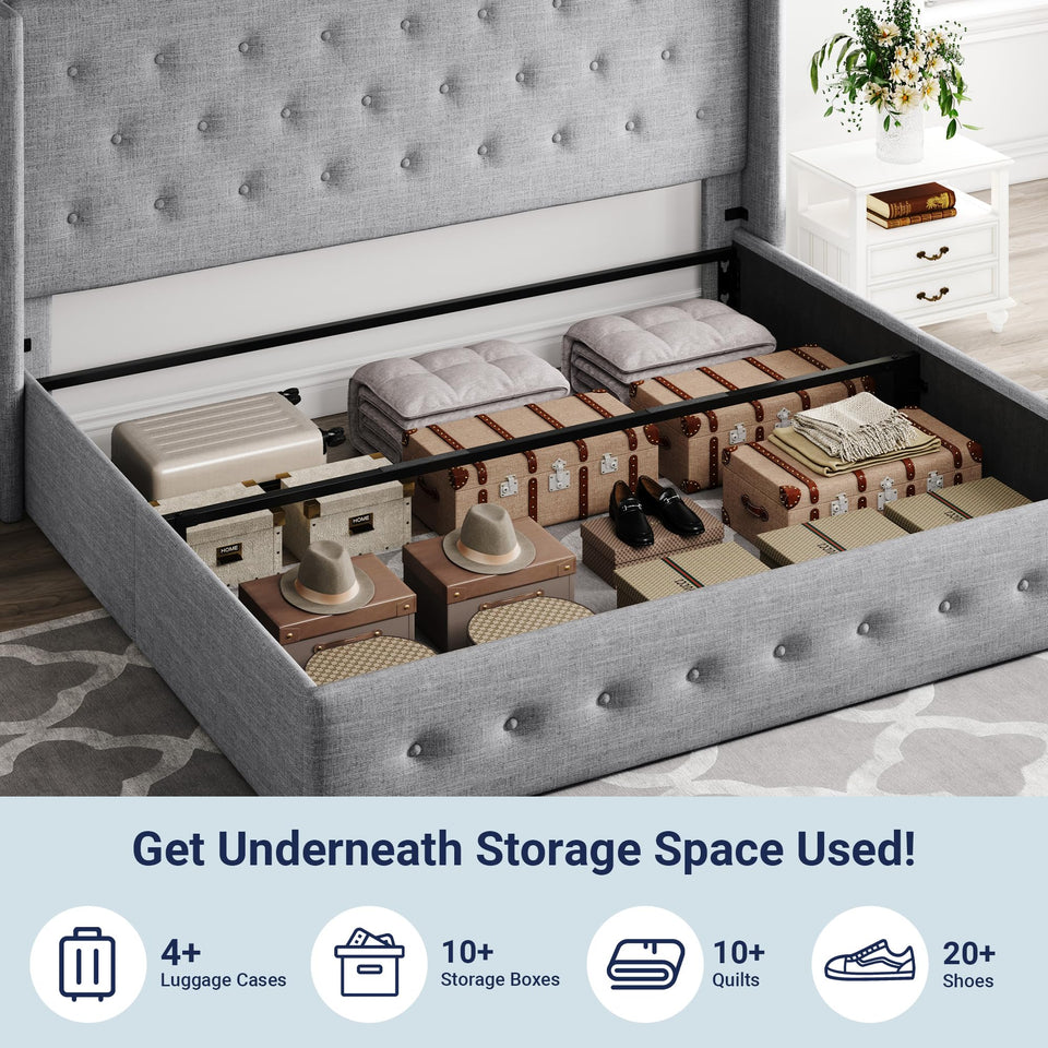 Allewie King Size Lift Up Storage Bed, Modern Wingback Headboard, Hydraulic Support, No Box Spring Needed, Light Beige