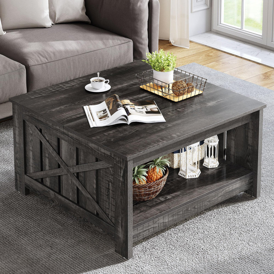 YITAHOME Coffee Table Farmhouse Coffee Table with Storage Rustic Wood Cocktail Table, Square Coffee Tables for Living Meeting Room with Half Open Storage Compartment, Grey Wash