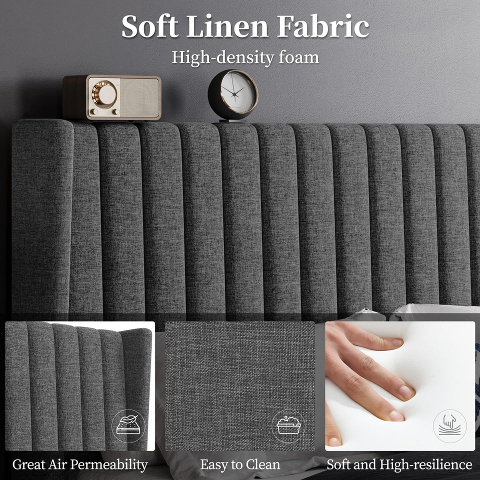 Yaheetech King Bed Frame Upholstered Platform Bed with Fabric Headboard, Wing Edge Design/Non-Slip and Noise-Free/Wooden Slats Support/No Box Spring Needed/Easy Assembly, Ivory King Bed