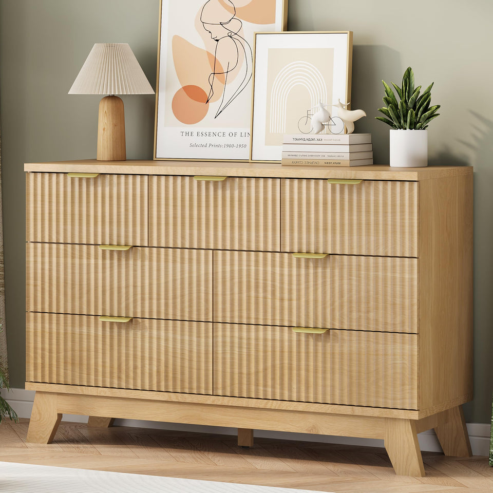 Fluted Dresser for Bedroom with 9 Drawers, 57" Wide Modern Chest of Drawers with Metal Handle, Wooden Dresser TV Stand, Wood Closet Clothes Storage Organizer for Living Room, Hallway, Natural Oak