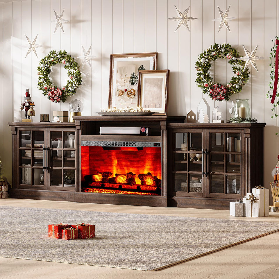 LUXOAK 97" Farmhouse TV Stand with 33" Fireplace for TVs up to 100", Media Entertainment Center with Large Storage Cabinet and Adjustable Shelves for Living Room, White/Barnwood