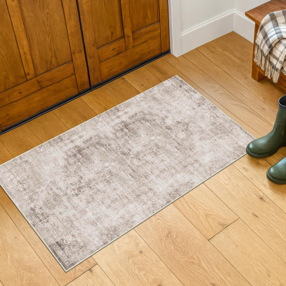 Neutral Living Room Rug - 10x14 Farmhouse Beige Brown Large Area Rug for Dining Room, Bedroom, Low Pile Lightweight Washable