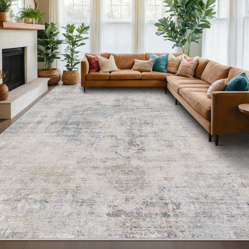 Neutral Living Room Rug - 10x14 Farmhouse Beige Brown Large Area Rug for Dining Room, Bedroom, Low Pile Lightweight Washable