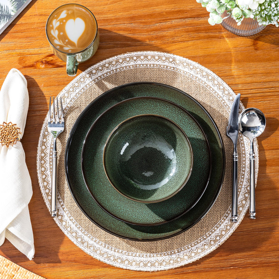 LeRatio Ceramic Dinnerware Sets for 6,Plates and Bowls Sets,Handmade Reactive Glaze Dishes Set,Chip Resistant and Scratch Resistant | Oven&Dishwasher & Microwave Safe-Blue(18PCS)