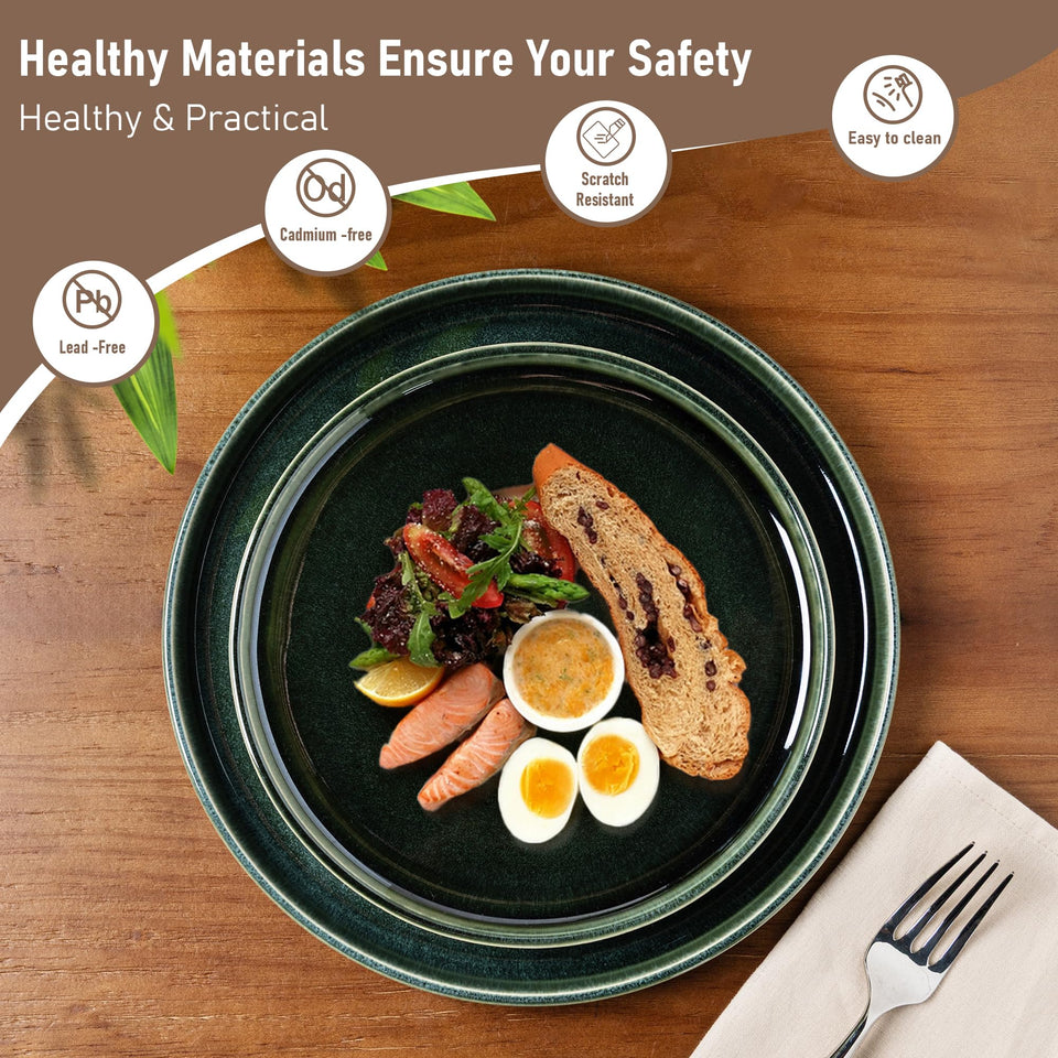 GBHOME Ceramic Dinnerware Sets for 8, 24 Pieces Stoneware Plates and Bowls Sets, Scratch Resistant Dishes, Dishwasher & Microwave Safe, Reactive Glaze-Green Wheat
