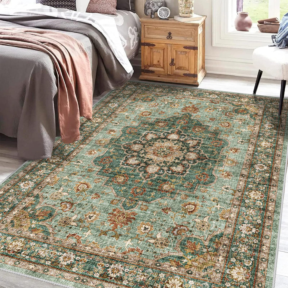 TOPRUUG Washable Oriental Area Rug - 12x15 Rugs for Living Room Soft Carpet for Bedroom Waterproof Floral Distressed Indoor Stain Resistant Non-Shedding Floor Carpets (Green, 12x15)