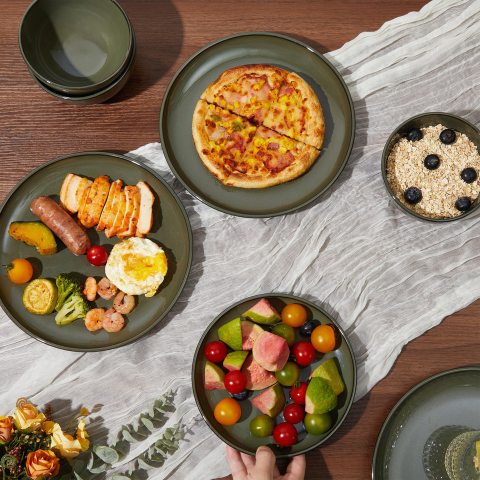 Pokini 24 Piece Dinnerware Sets for 8, Modern Stoneware Plates and Bowls Setst, Perfect for Family Gatherings & Holiday Celebrations, Easy Cleaning Dishes Set, Stack Compactly Dishware, Brown Green