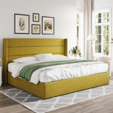 Allewie King Size Lift Up Storage Bed, Modern Wingback Headboard, Hydraulic Support, No Box Spring Needed, Light Beige