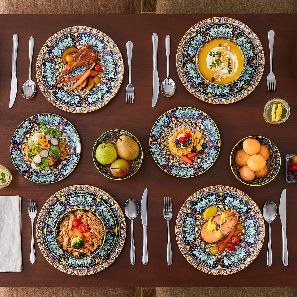vancasso 24 Pieces Dinnerware Sets, Plates and Bowls Set, Porcelain Dishes Set for 6, Microwave and Dishwasher Safe, Scratch Resistant, Bohemian Style Dining Ware Service for 6, Series SIMI