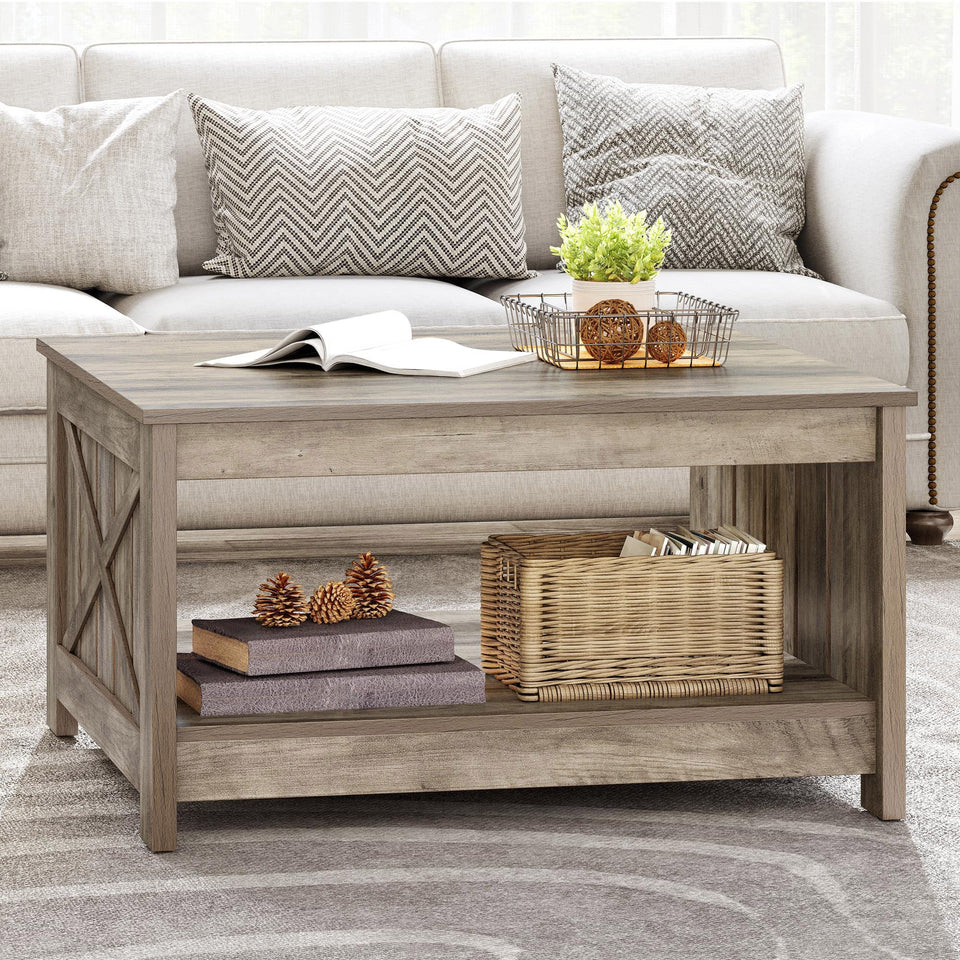 YITAHOME Coffee Table Farmhouse Coffee Table with Storage Rustic Wood Cocktail Table, Square Coffee Tables for Living Meeting Room with Half Open Storage Compartment, Grey Wash