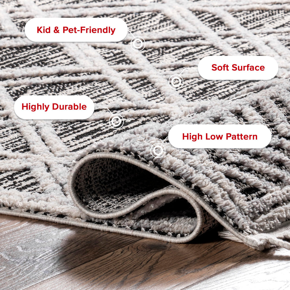 nuLOOM 8x11 Ansley Moroccan Tassel Area Rug, Light Grey, High-Low Textured Bohemian Design, Plush High Pile, Stain Resistant, For Bedroom, Living Room, Hallway, Entryway