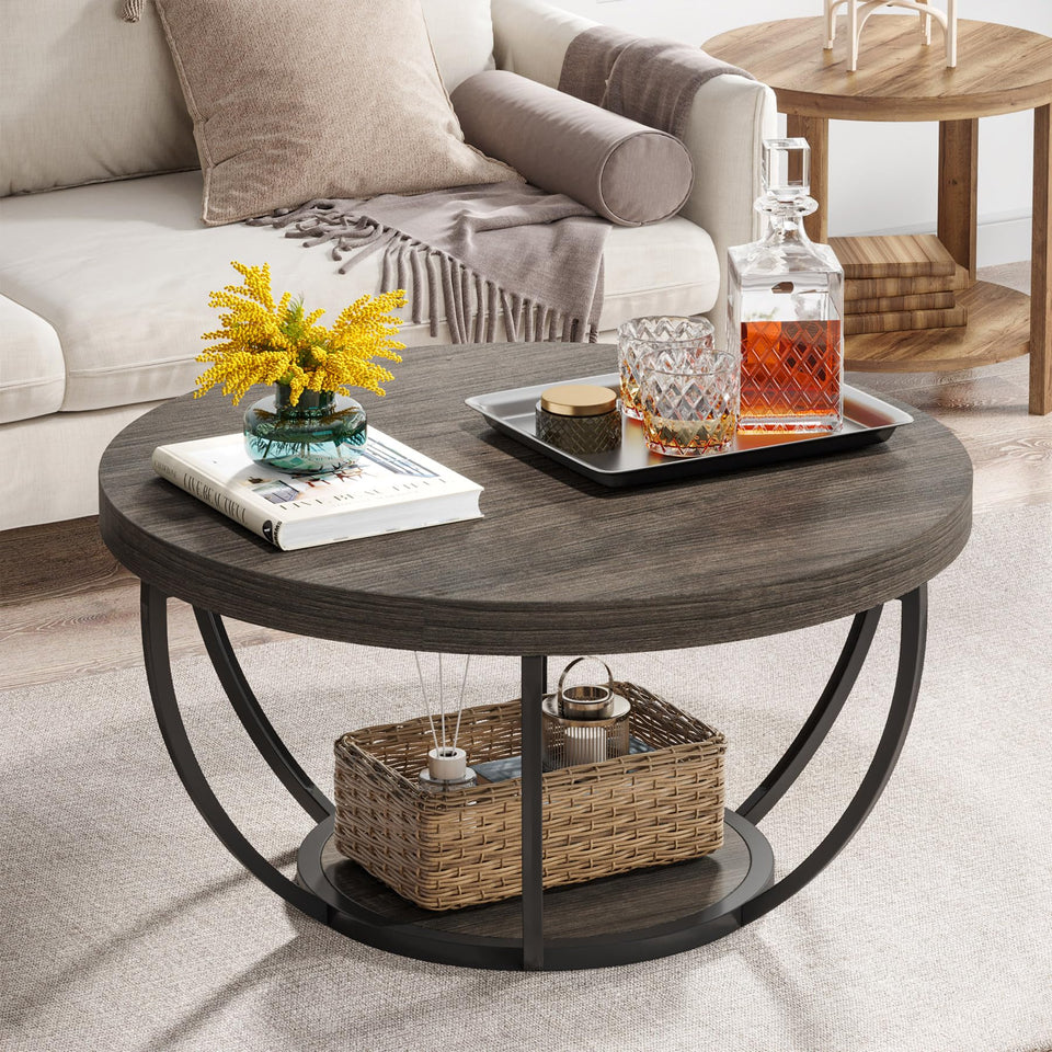 Tribesigns Round Coffee Table, 31.7" Wooden 2-Tier Circle Coffee Table with Storage Shelves, Modern Accent Cocktail Table Center Table for Living Room, Rustic Brown