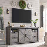JXQTLINGMU Farmhouse TV Stand for 75+ Inch TV, 32" Tall Entertainment Center w/4 Drawers & Sliding Barn Door, Rustic Media Console w/Storage Shelves, 66" Wood Television Stand for Living Room, Brown