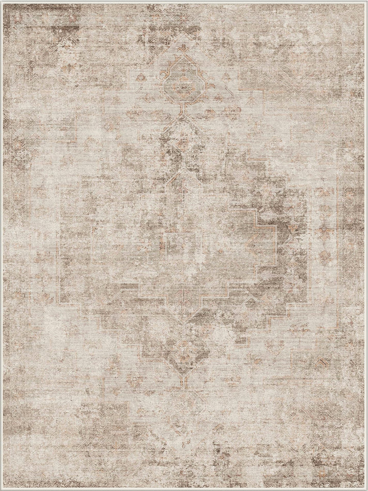 Neutral Living Room Rug - 10x14 Farmhouse Beige Brown Large Area Rug for Dining Room, Bedroom, Low Pile Lightweight Washable