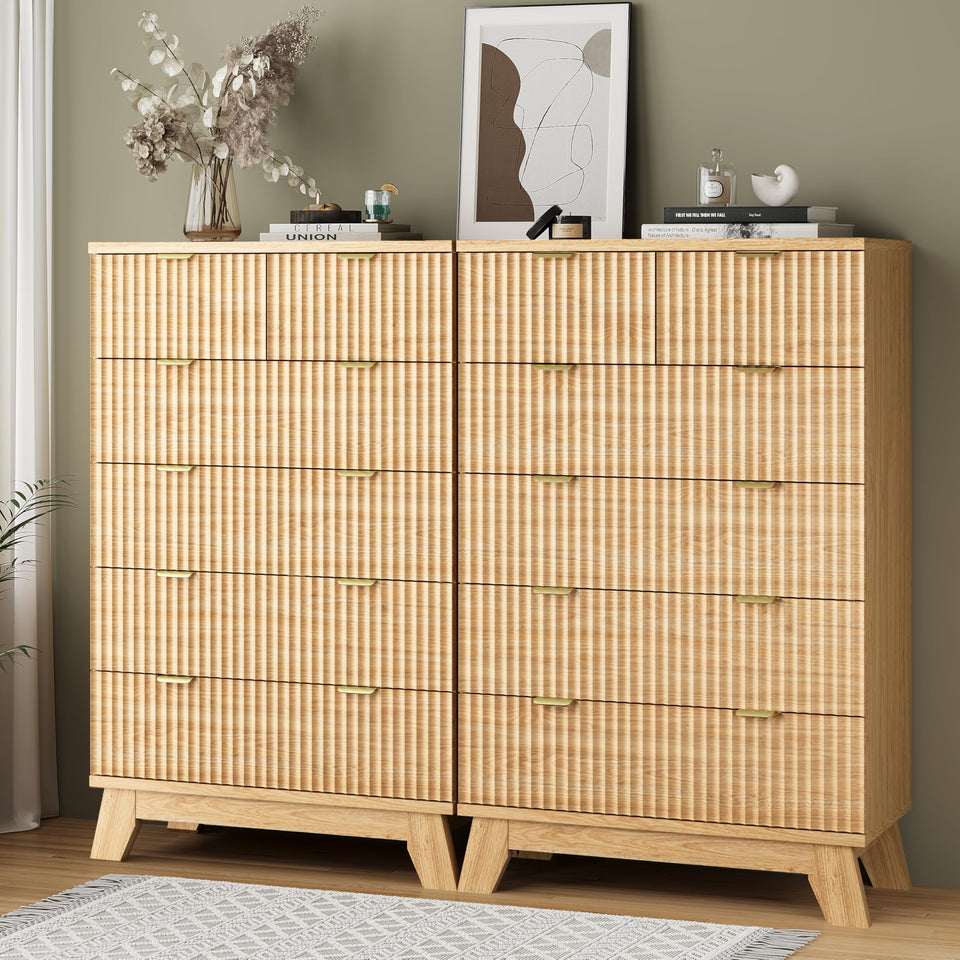 Fluted Dresser for Bedroom with 9 Drawers, 57" Wide Modern Chest of Drawers with Metal Handle, Wooden Dresser TV Stand, Wood Closet Clothes Storage Organizer for Living Room, Hallway, Natural Oak