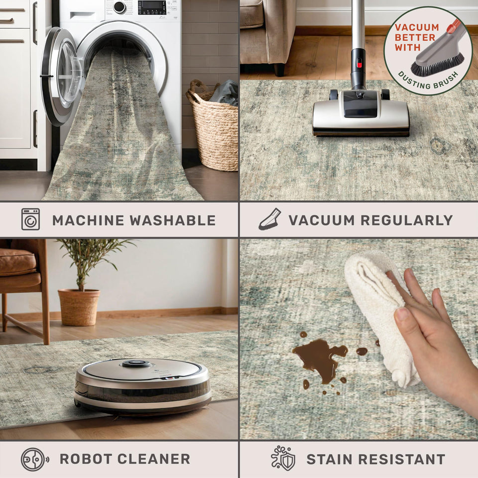 Neutral Living Room Rug - 10x14 Farmhouse Beige Brown Large Area Rug for Dining Room, Bedroom, Low Pile Lightweight Washable