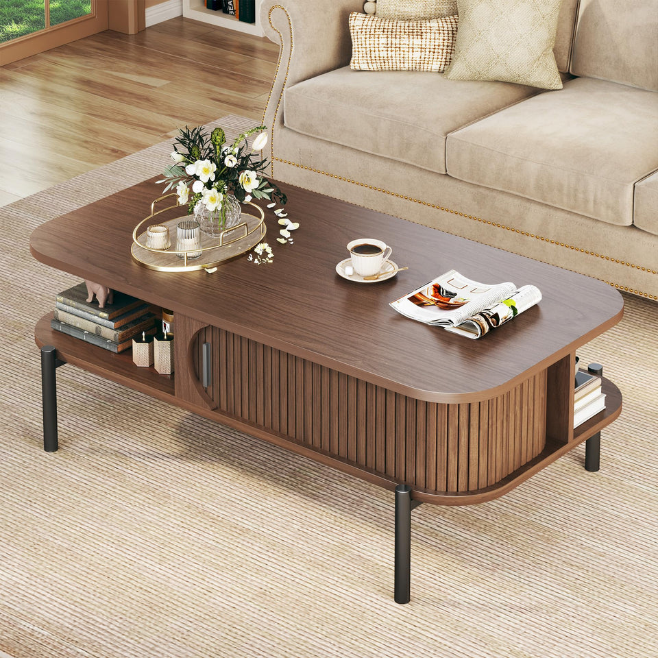Coffee Table, 39.4" Mid Century Modern Coffee Tables for Living Room, Coffee Table with Storage Open Shelf, Fluted Table with Sliding Cabinet Door, 2-Tier Rustic Wood Desktop, Walnut
