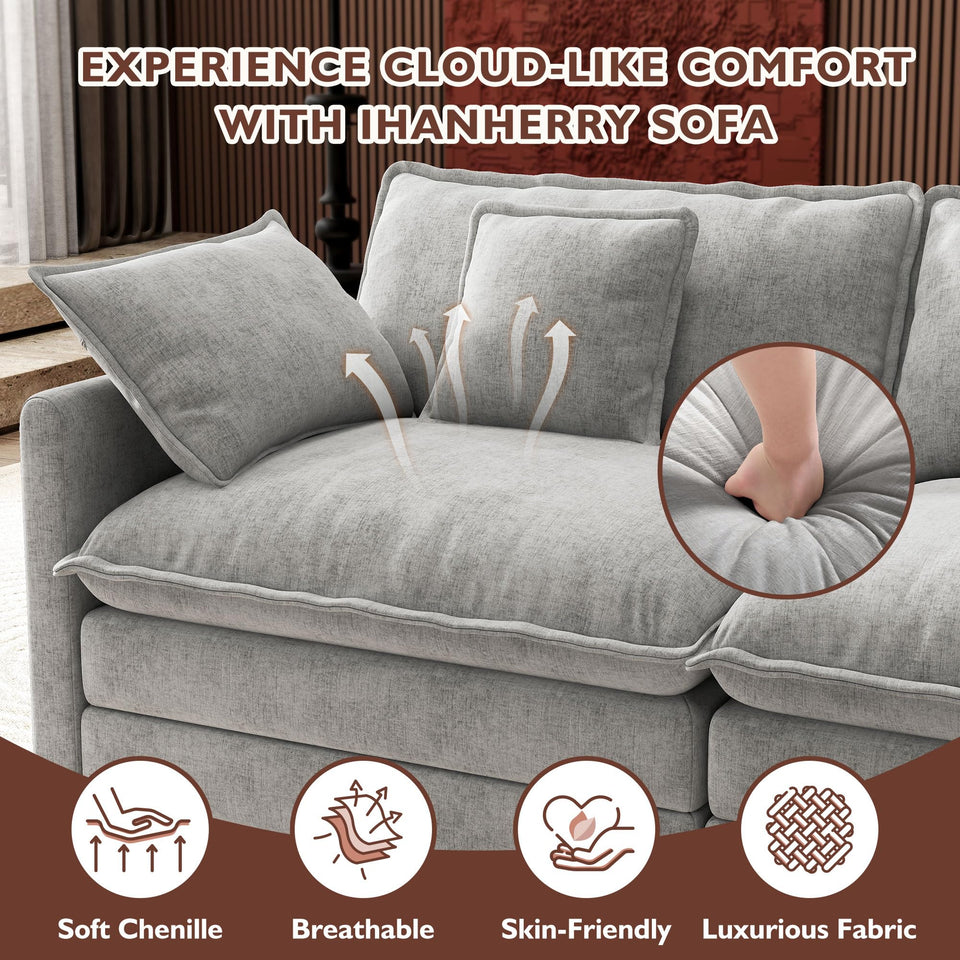 Ihanherry 146" U-Shaped Modern Sofa Modular Sectional Cloud Couch with 2 Ottoman, 6-Seat Chenille Deep Seat Sofa with 6 Pillows for Living Room, Bedroom and Apartment, Grey