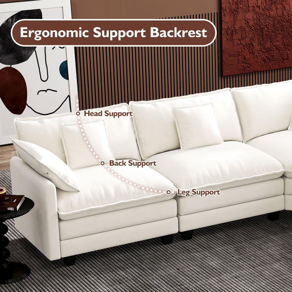 Ihanherry 146" U-Shaped Modern Sofa Modular Sectional Cloud Couch with 2 Ottoman, 6-Seat Chenille Deep Seat Sofa with 6 Pillows for Living Room, Bedroom and Apartment, Grey