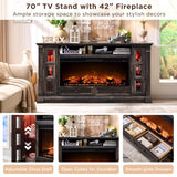 OKD Fireplace TV Stand for up-to-80 TV, Farmhouse 36" Tall Entertainment Center with 42" Electric Fireplace, Media Console with Glass Door Cabinets & Drawers for Living Room, Antique White