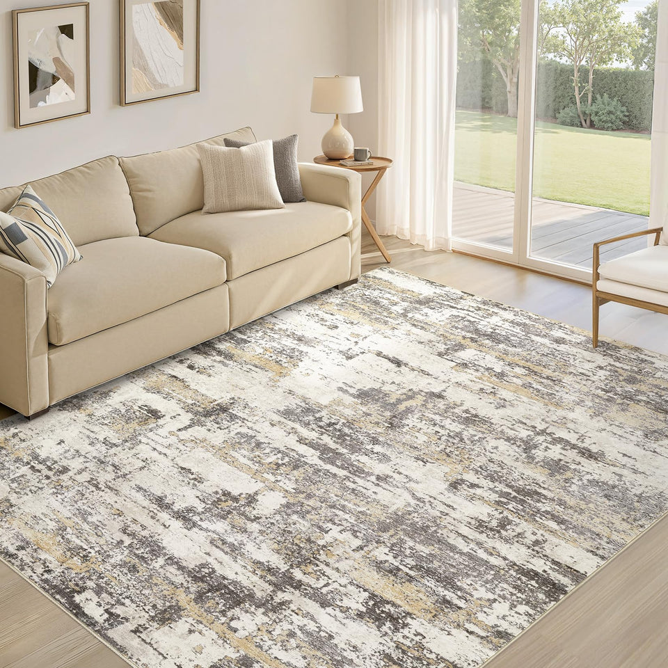 Area Rugs for Living Room: 12x15 Abstract Washable Rug Modern Neutral Large Soft Stain Resistant Non-Slip Backing Machine Table for Bedroom Dining Room Indoor Home Office Carpet - Gold Brown