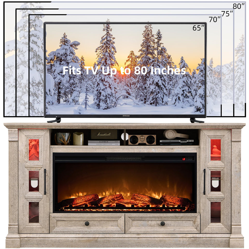 OKD Fireplace TV Stand for up-to-80 TV, Farmhouse 36" Tall Entertainment Center with 42" Electric Fireplace, Media Console with Glass Door Cabinets & Drawers for Living Room, Antique White