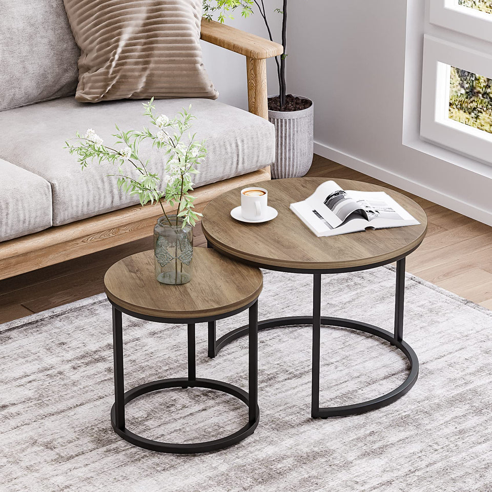Smuxee Nesting Coffee Table Set of 2, 23.6" Round Coffee Table Wood Grain Top with Adjustable Non-Slip Feet, Industrial End Table Side Tables for Living Room Bedroom Balcony Yard