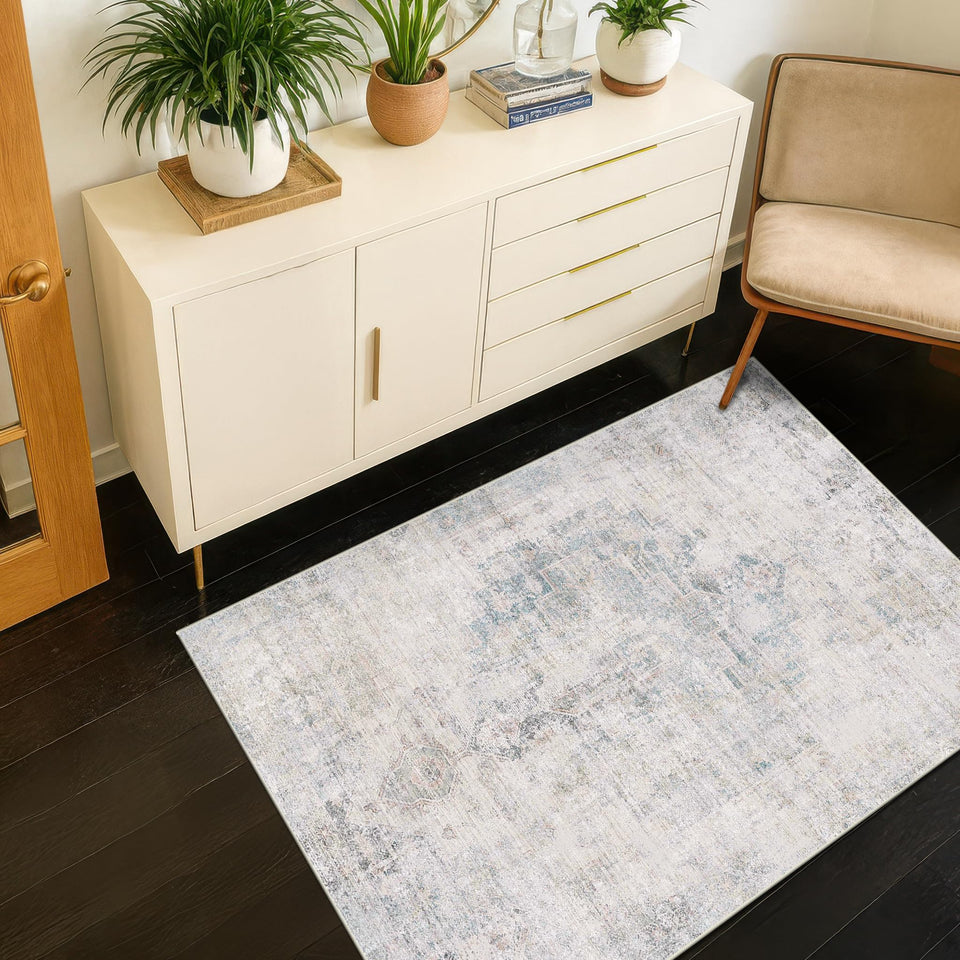 Neutral Living Room Rug - 10x14 Farmhouse Beige Brown Large Area Rug for Dining Room, Bedroom, Low Pile Lightweight Washable