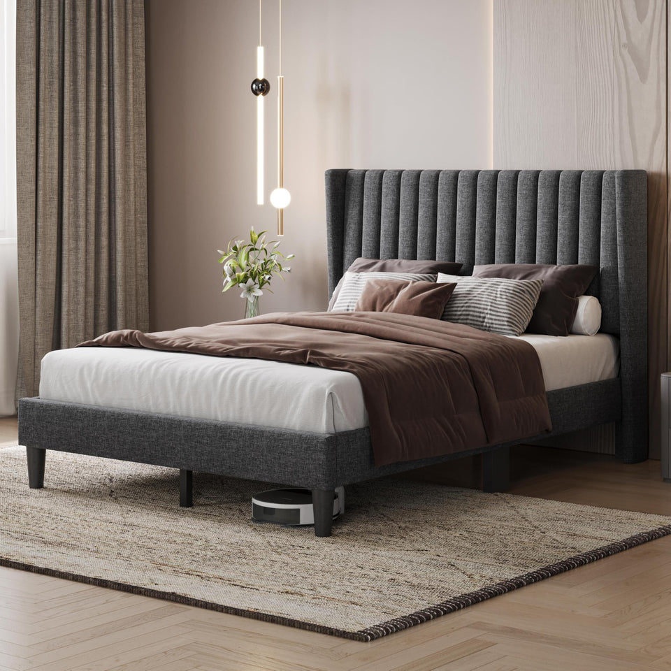 Yaheetech King Bed Frame Upholstered Platform Bed with Fabric Headboard, Wing Edge Design/Non-Slip and Noise-Free/Wooden Slats Support/No Box Spring Needed/Easy Assembly, Ivory King Bed