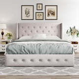 Allewie King Size Lift Up Storage Bed, Modern Wingback Headboard, Hydraulic Support, No Box Spring Needed, Light Beige