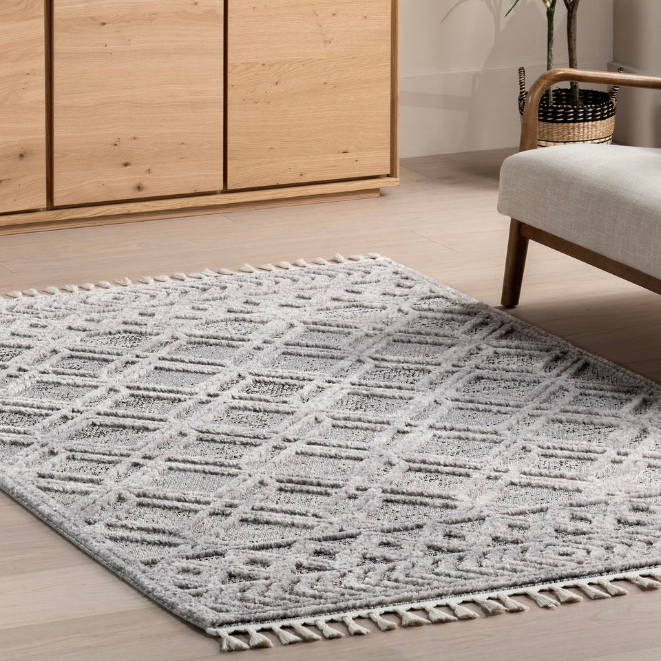 nuLOOM 8x11 Ansley Moroccan Tassel Area Rug, Light Grey, High-Low Textured Bohemian Design, Plush High Pile, Stain Resistant, For Bedroom, Living Room, Hallway, Entryway