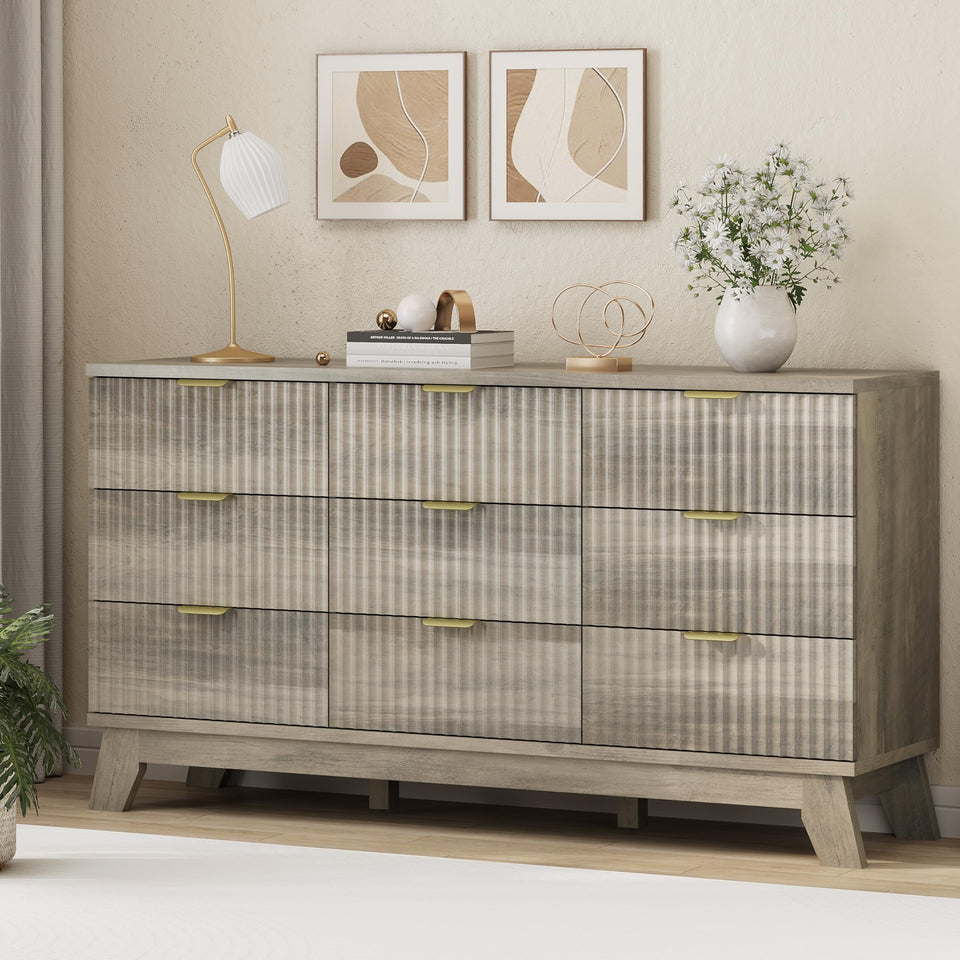 Fluted Dresser for Bedroom with 9 Drawers, 57" Wide Modern Chest of Drawers with Metal Handle, Wooden Dresser TV Stand, Wood Closet Clothes Storage Organizer for Living Room, Hallway, Natural Oak
