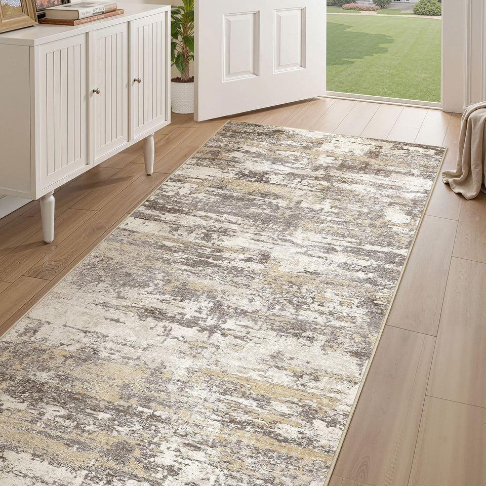 Area Rugs for Living Room: 12x15 Abstract Washable Rug Modern Neutral Large Soft Stain Resistant Non-Slip Backing Machine Table for Bedroom Dining Room Indoor Home Office Carpet - Gold Brown