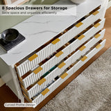 T4TREAM Fluted 7 Drawers Dresser, 54" Wide Modern Chest of Drawers with Faux Marble Top, Curved Profile Design, Dresser TV Stand, Wood Drawer Organizer for Bedroom, Living Room, Hallway, Natural Oak