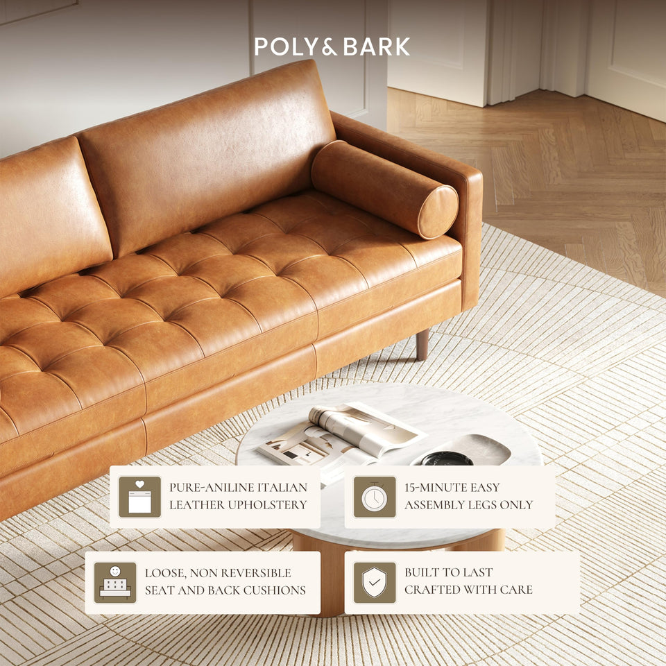 POLY & BARK Napa 72" Apartment Sofa – Italian-Tanned Full-Grain Pure-Aniline or Semi-Aniline Leather, Feather-Down Cushioning, Kiln-Dried Solid Wood Frame, Walnut Legs - Cognac Tan