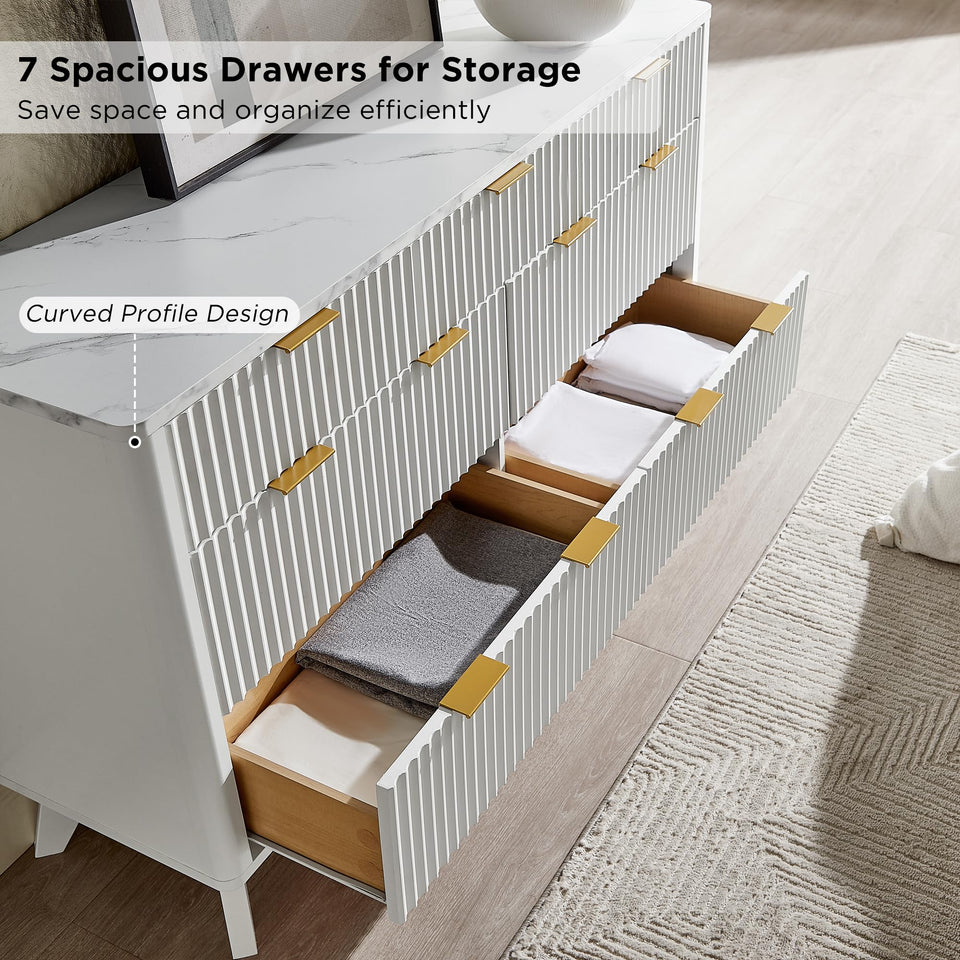 T4TREAM Fluted 7 Drawers Dresser, 54" Wide Modern Chest of Drawers with Faux Marble Top, Curved Profile Design, Dresser TV Stand, Wood Drawer Organizer for Bedroom, Living Room, Hallway, Natural Oak