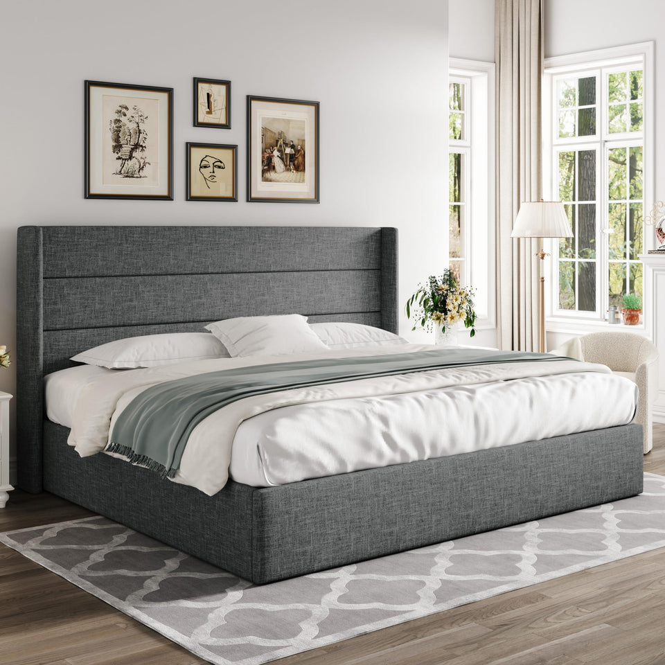 Allewie King Size Lift Up Storage Bed, Modern Wingback Headboard, Hydraulic Support, No Box Spring Needed, Light Beige