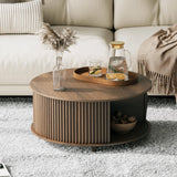 JOINICE, Round Coffee Table with Storage, Mid Century Modern Center Table with Sliding Cabinet Door, Fluted Dining Table for Living Room, Home Small Space, 31.5", Walnut