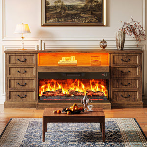 Huuger Fireplace TV Stand with LED Lights for 75 Inch TV, 3-Side Glass Fireplace Entertainment Center, 70 Inch Farmhouse Television Stands Stand with 4 Deep Drawers for Living Room, Brown