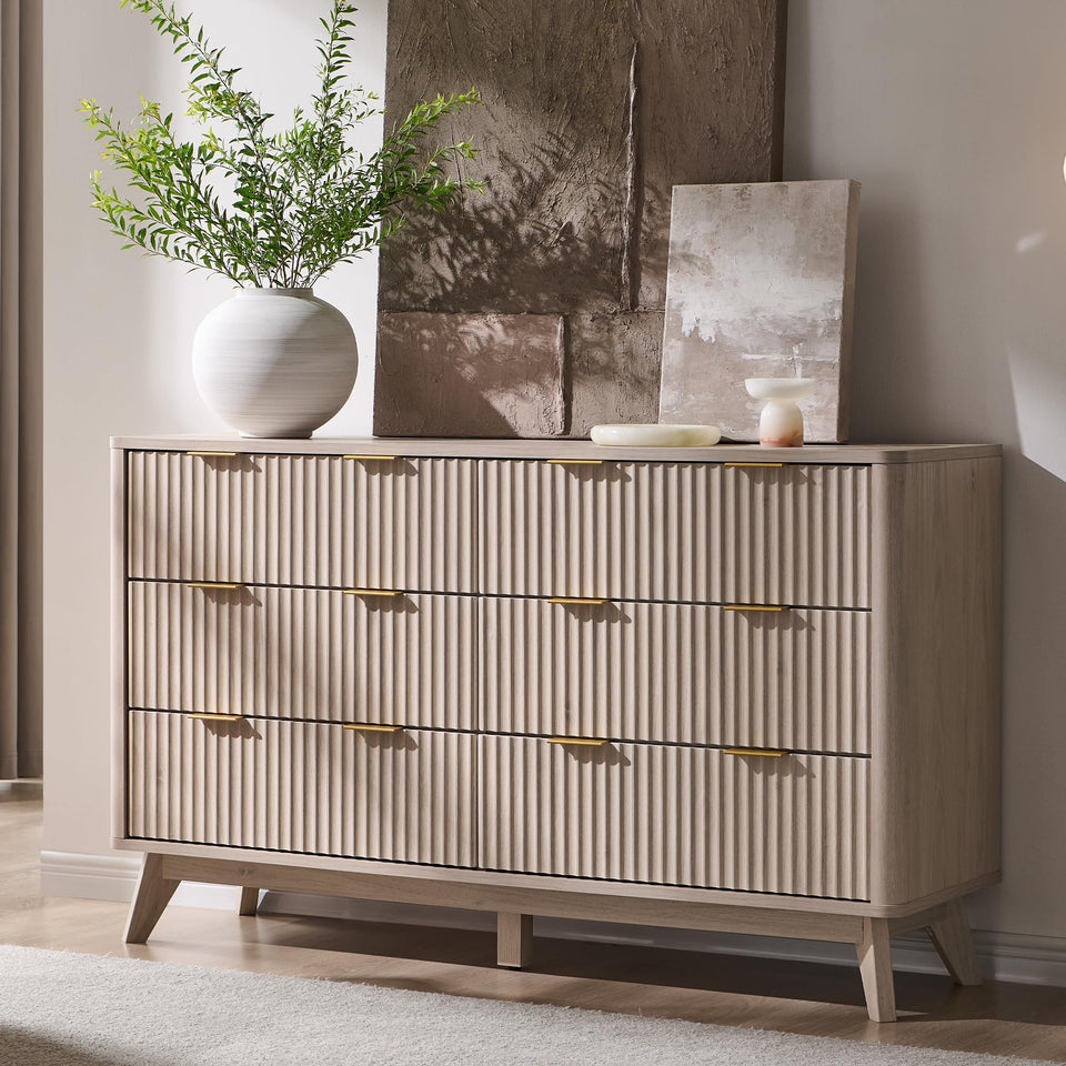 T4TREAM Fluted 7 Drawers Dresser, 54" Wide Modern Chest of Drawers with Faux Marble Top, Curved Profile Design, Dresser TV Stand, Wood Drawer Organizer for Bedroom, Living Room, Hallway, Natural Oak